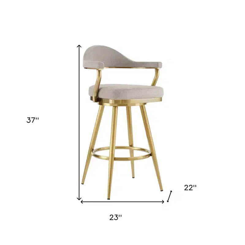 Tabouret de bar pivotant HomeRoots 26, hauteur comptoir, en tissu taupe et or et acier inoxydable