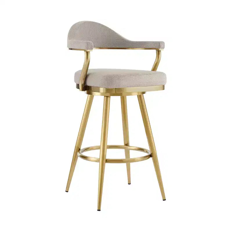 Tabouret de bar pivotant HomeRoots 26, hauteur comptoir, en tissu taupe et or et acier inoxydable