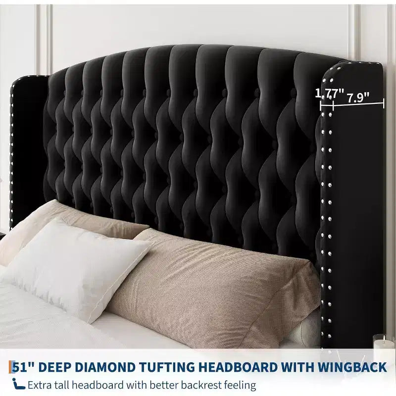 Cadre de lit haut de 130 cm avec tête et pied de lit capitonnés à oreilles profondes, cadre de lit plateforme rembourré en velours, aucun sommier tapissier requis