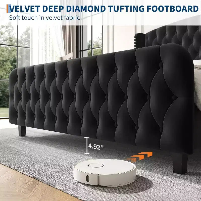 Cadre de lit haut de 130 cm avec tête et pied de lit capitonnés à oreilles profondes, cadre de lit plateforme rembourré en velours, aucun sommier tapissier requis