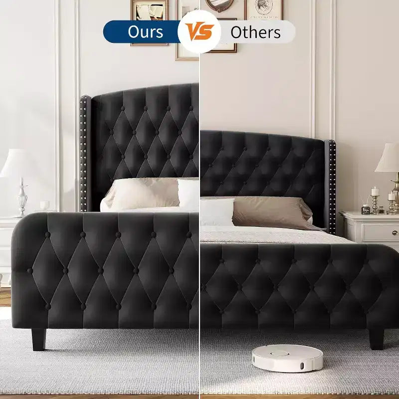 Cadre de lit haut de 130 cm avec tête et pied de lit capitonnés à oreilles profondes, cadre de lit plateforme rembourré en velours, aucun sommier tapissier requis