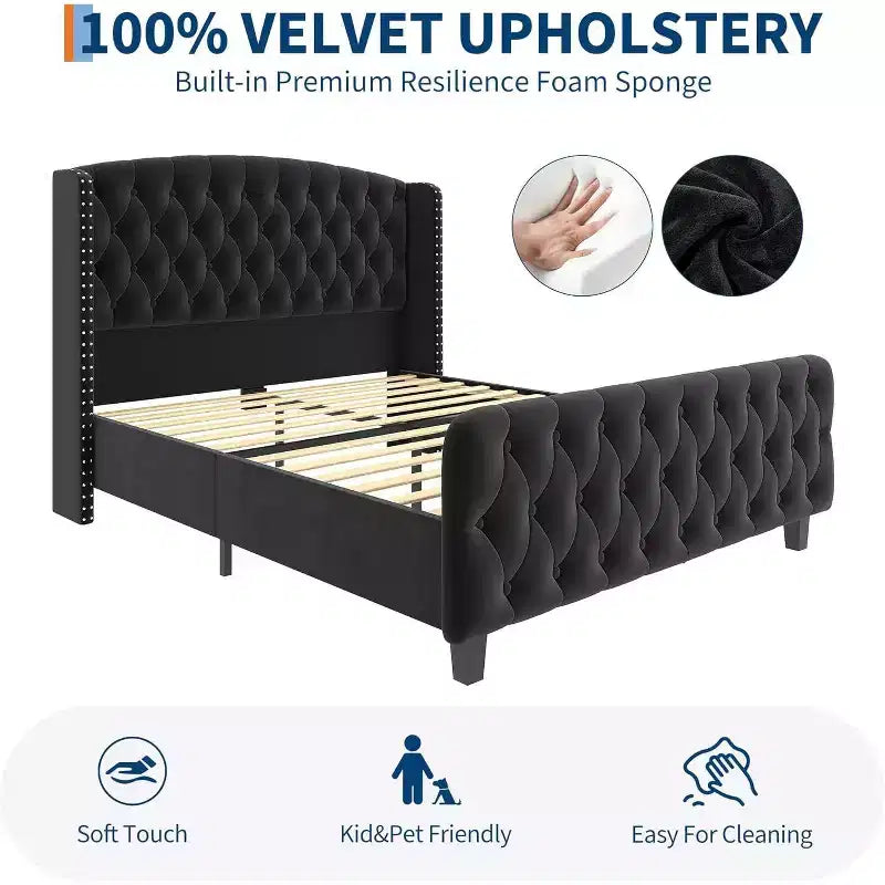 Cadre de lit haut de 130 cm avec tête et pied de lit capitonnés à oreilles profondes, cadre de lit plateforme rembourré en velours, aucun sommier tapissier requis