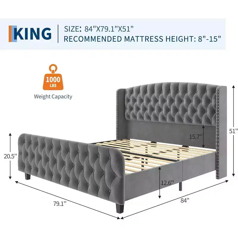 Cadre de lit haut de 130 cm avec tête et pied de lit capitonnés à oreilles profondes, cadre de lit plateforme rembourré en velours, aucun sommier tapissier requis