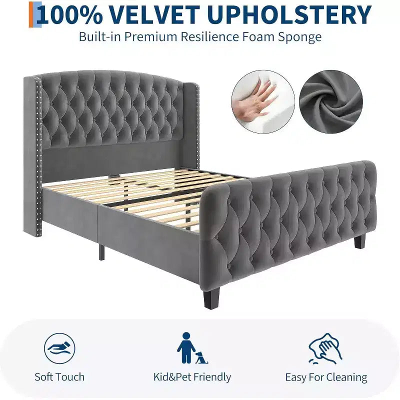 Cadre de lit haut de 130 cm avec tête et pied de lit capitonnés à oreilles profondes, cadre de lit plateforme rembourré en velours, aucun sommier tapissier requis