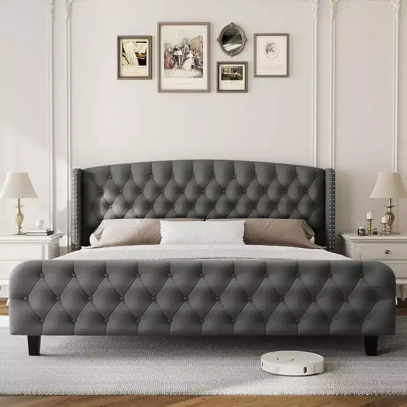 Cadre de lit haut de 130 cm avec tête et pied de lit capitonnés à oreilles profondes, cadre de lit plateforme rembourré en velours, aucun sommier tapissier requis