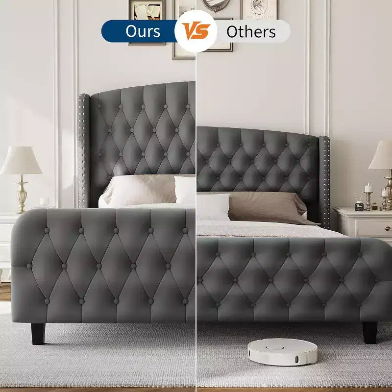 Cadre de lit haut de 130 cm avec tête et pied de lit capitonnés à oreilles profondes, cadre de lit plateforme rembourré en velours, aucun sommier tapissier requis