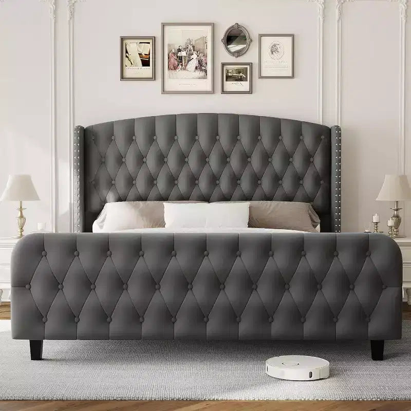 Cadre de lit haut de 130 cm avec tête et pied de lit capitonnés à oreilles profondes, cadre de lit plateforme rembourré en velours, aucun sommier tapissier requis
