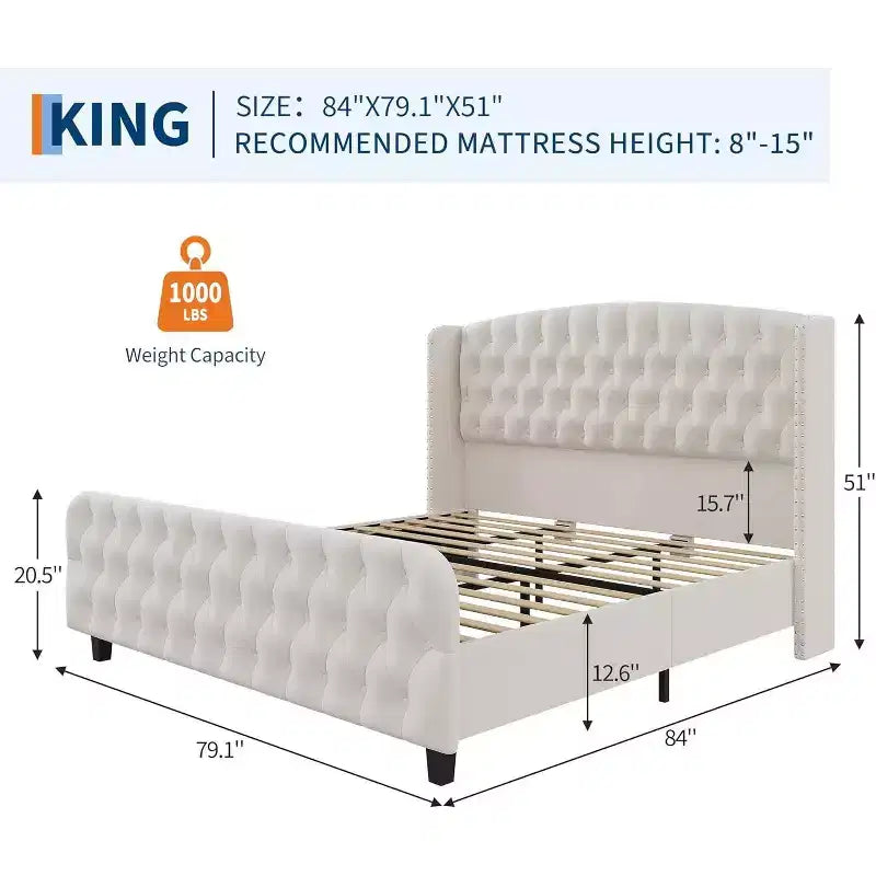 Cadre de lit haut de 130 cm avec tête et pied de lit capitonnés à oreilles profondes, cadre de lit plateforme rembourré en velours, aucun sommier tapissier requis