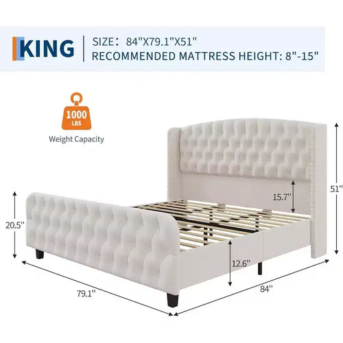 Cadre de lit haut de 130 cm avec tête et pied de lit capitonnés à oreilles profondes, cadre de lit plateforme rembourré en velours, aucun sommier tapissier requis