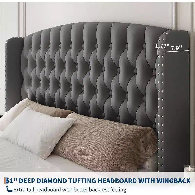 Cadre de lit haut de 130 cm avec tête et pied de lit capitonnés à oreilles profondes, cadre de lit plateforme rembourré en velours, aucun sommier tapissier requis