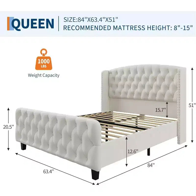 Cadre de lit haut de 130 cm avec tête et pied de lit capitonnés à oreilles profondes, cadre de lit plateforme rembourré en velours, aucun sommier tapissier requis