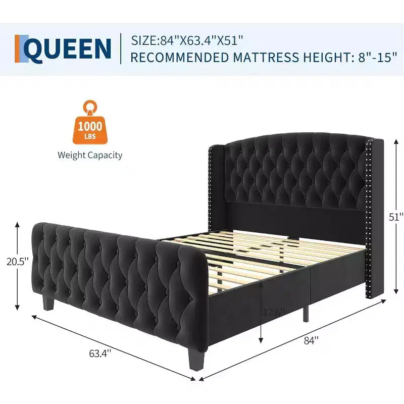 Cadre de lit haut de 130 cm avec tête et pied de lit capitonnés à oreilles profondes, cadre de lit plateforme rembourré en velours, aucun sommier tapissier requis
