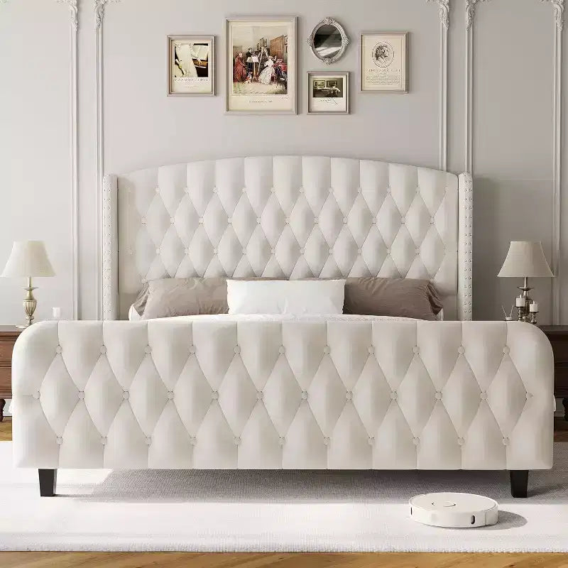 Cadre de lit haut de 130 cm avec tête et pied de lit capitonnés à oreilles profondes, cadre de lit plateforme rembourré en velours, aucun sommier tapissier requis