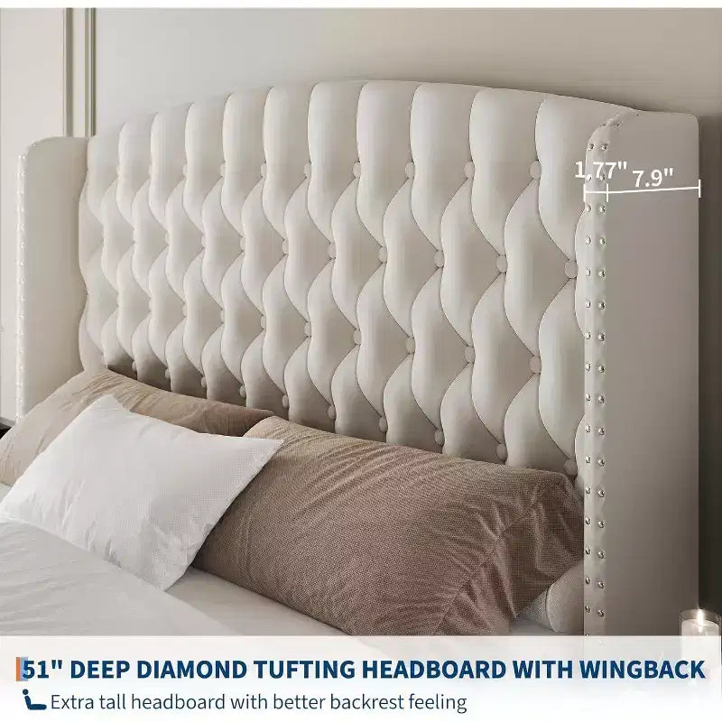 Cadre de lit haut de 130 cm avec tête et pied de lit capitonnés à oreilles profondes, cadre de lit plateforme rembourré en velours, aucun sommier tapissier requis