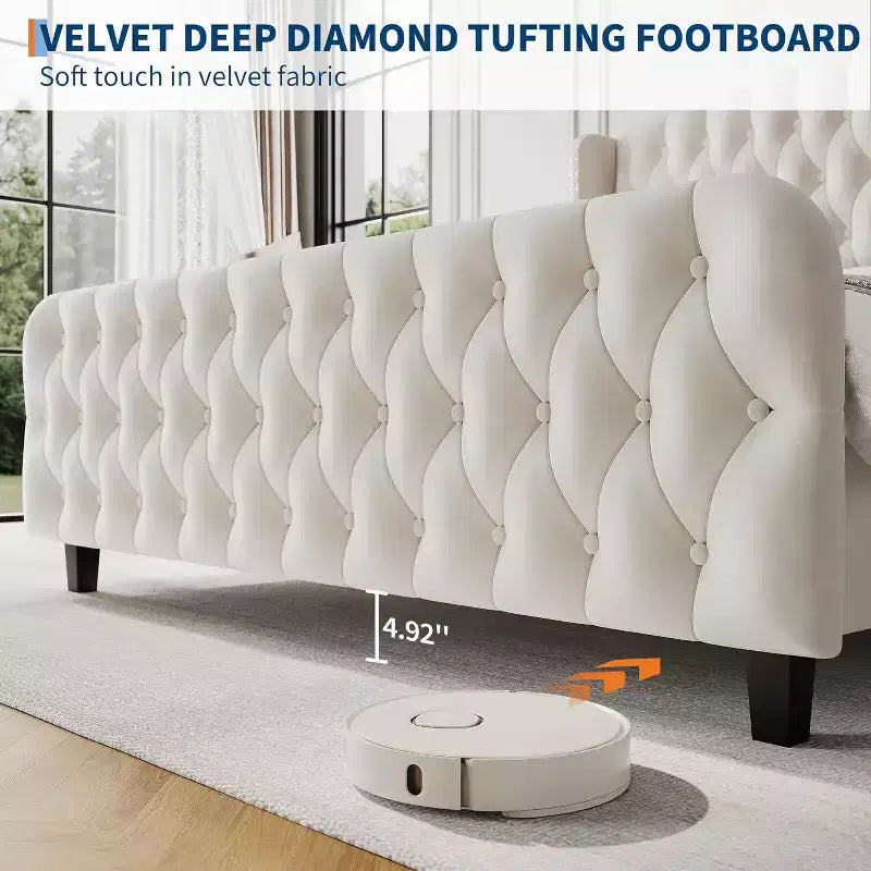 Cadre de lit haut de 130 cm avec tête et pied de lit capitonnés à oreilles profondes, cadre de lit plateforme rembourré en velours, aucun sommier tapissier requis