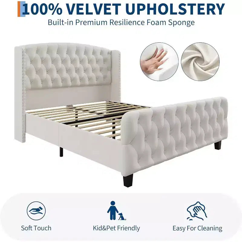 Cadre de lit haut de 130 cm avec tête et pied de lit capitonnés à oreilles profondes, cadre de lit plateforme rembourré en velours, aucun sommier tapissier requis