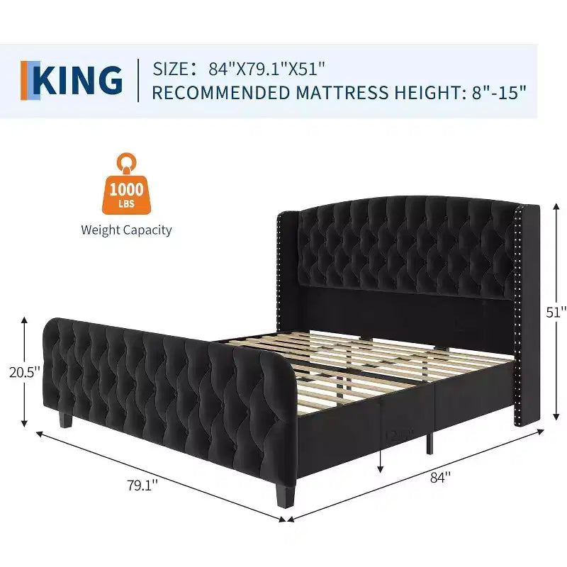 Cadre de lit haut de 130 cm avec tête et pied de lit capitonnés à oreilles profondes, cadre de lit plateforme rembourré en velours, aucun sommier tapissier requis