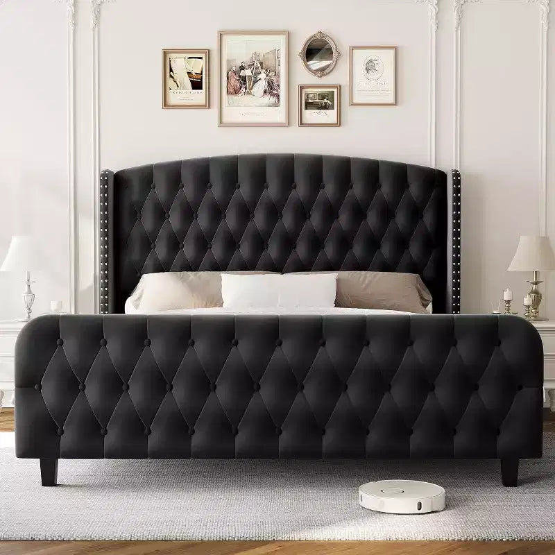 Cadre de lit haut de 130 cm avec tête et pied de lit capitonnés à oreilles profondes, cadre de lit plateforme rembourré en velours, aucun sommier tapissier requis