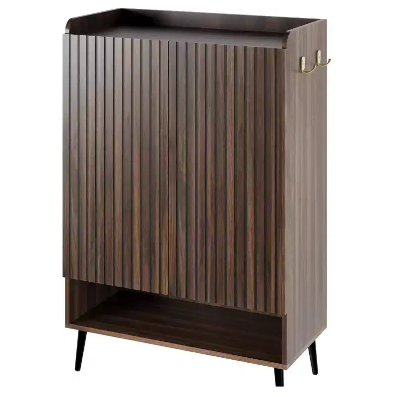 Meuble de rangement pour chaussures à 6 niveaux, grande capacité, avec section pour bottes, crochets pratiques pour entrées modernes, marron-noir