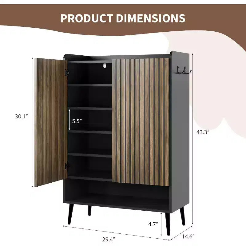 Meuble de rangement pour chaussures à 6 niveaux, grande capacité, avec section pour bottes, crochets pratiques pour entrées modernes, marron-noir