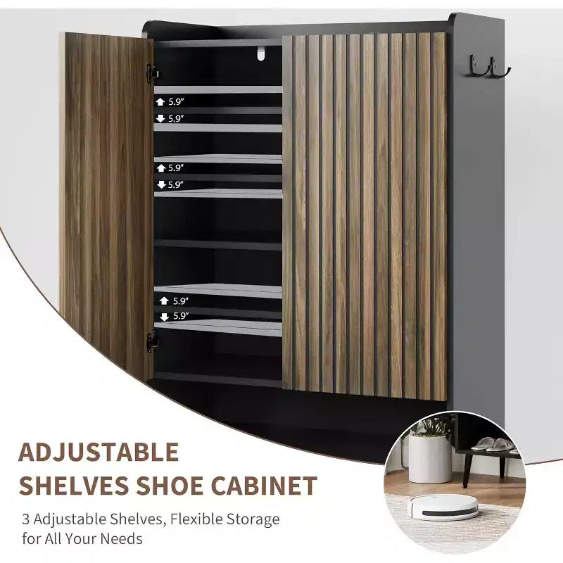 Meuble de rangement pour chaussures à 6 niveaux, grande capacité, avec section pour bottes, crochets pratiques pour entrées modernes, marron-noir