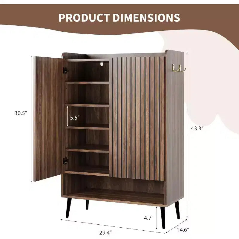 Meuble de rangement pour chaussures à 6 niveaux, grande capacité, avec section pour bottes, crochets pratiques pour entrées modernes, marron-noir