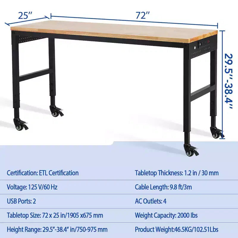 COZONY Établi réglable 75 x 25, table de travail robuste de 900 kg avec roues et prise de courant, table polyvalente pour atelier de garage
