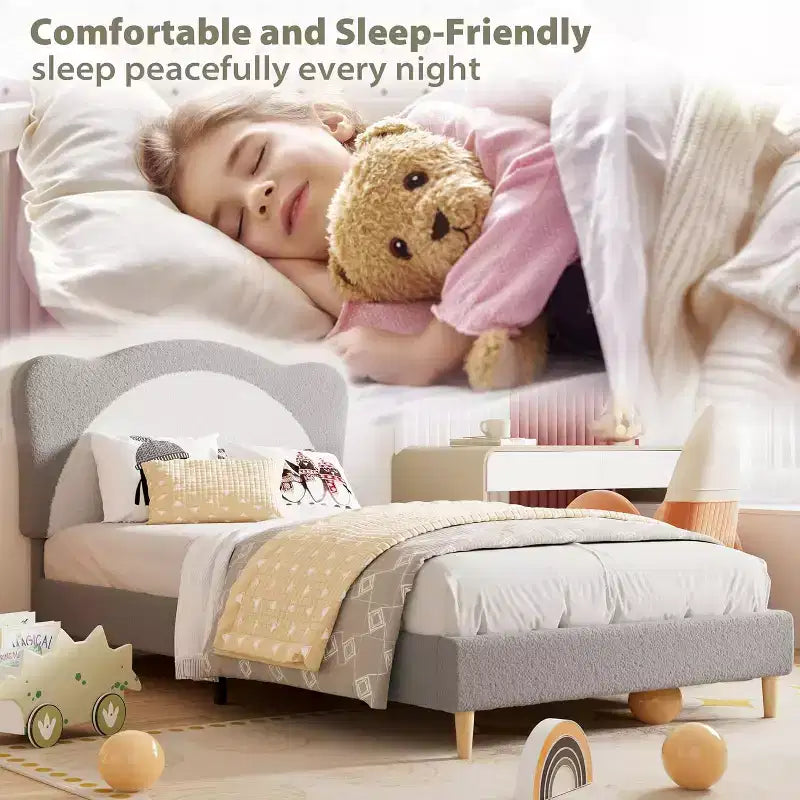 Cadre de lit double pour enfants – Lit plateforme de princesse en velours mignon avec tête de lit rembourrée pour enfants, support de lattes en bois massif, pas besoin de sommier tapissier