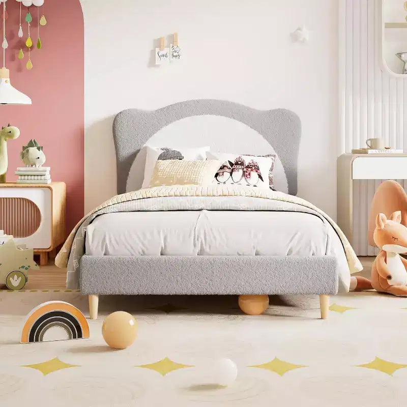 Cadre de lit double pour enfants – Lit plateforme de princesse en velours mignon avec tête de lit rembourrée pour enfants, support de lattes en bois massif, pas besoin de sommier tapissier