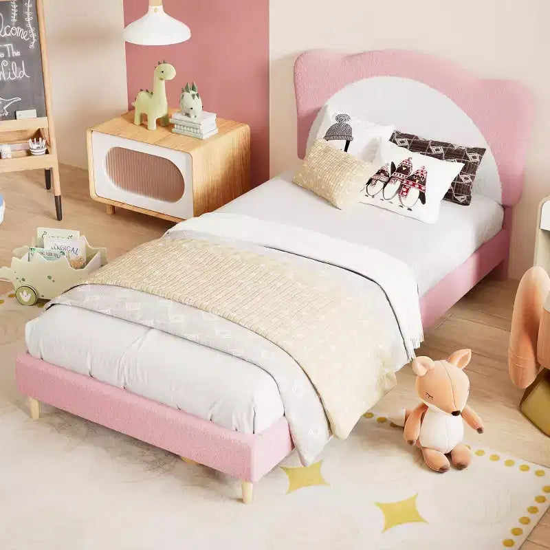 Cadre de lit double pour enfants – Lit plateforme de princesse en velours mignon avec tête de lit rembourrée pour enfants, support de lattes en bois massif, pas besoin de sommier tapissier