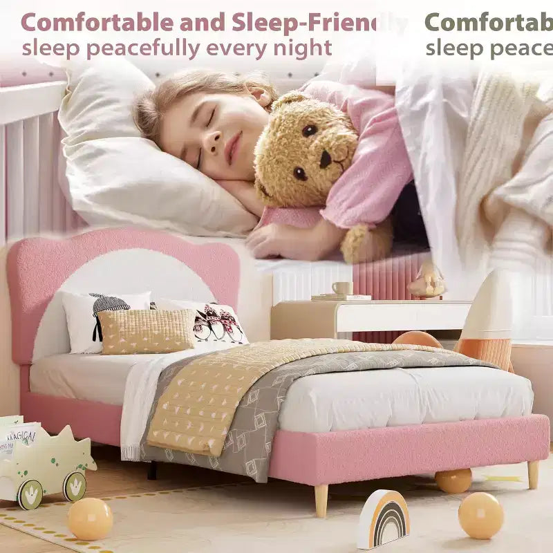 Cadre de lit double pour enfants – Lit plateforme de princesse en velours mignon avec tête de lit rembourrée pour enfants, support de lattes en bois massif, pas besoin de sommier tapissier