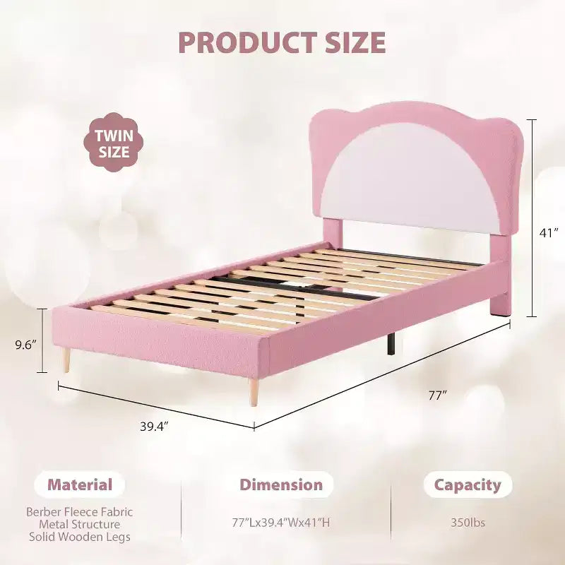 Cadre de lit double pour enfants – Lit plateforme de princesse en velours mignon avec tête de lit rembourrée pour enfants, support de lattes en bois massif, pas besoin de sommier tapissier
