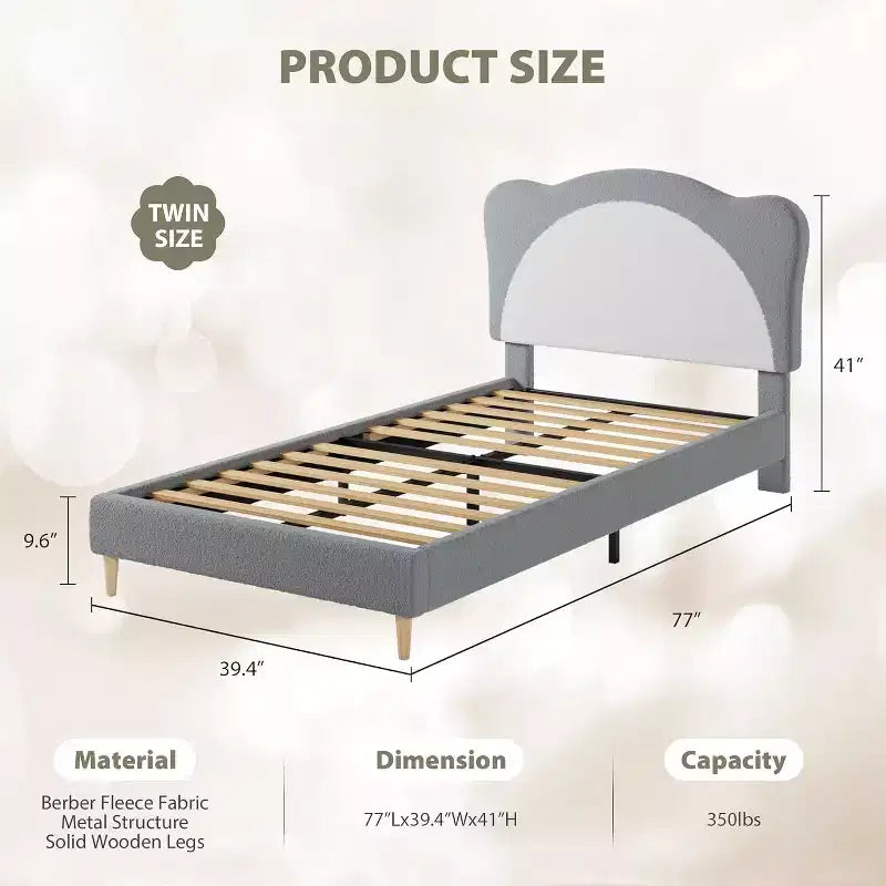 Cadre de lit double pour enfants – Lit plateforme de princesse en velours mignon avec tête de lit rembourrée pour enfants, support de lattes en bois massif, pas besoin de sommier tapissier