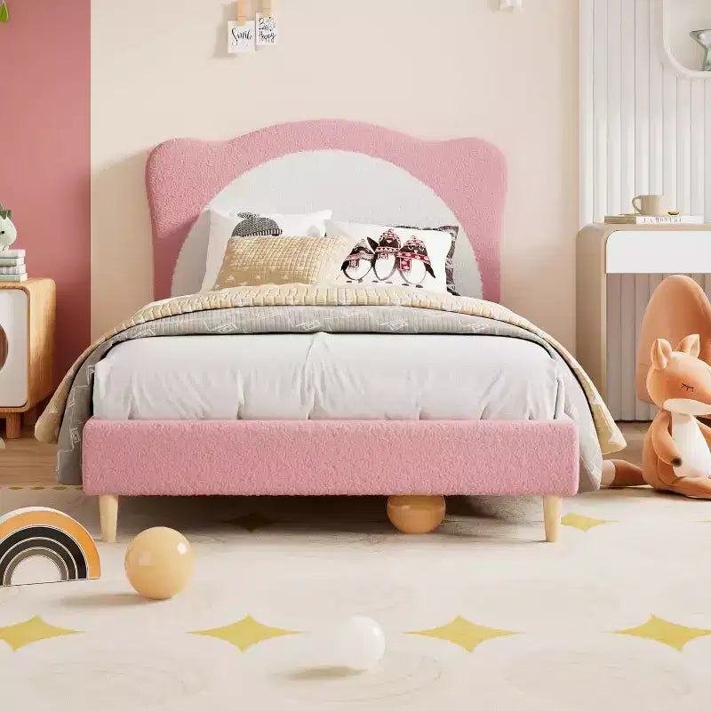 Cadre de lit double pour enfants – Lit plateforme de princesse en velours mignon avec tête de lit rembourrée pour enfants, support de lattes en bois massif, pas besoin de sommier tapissier