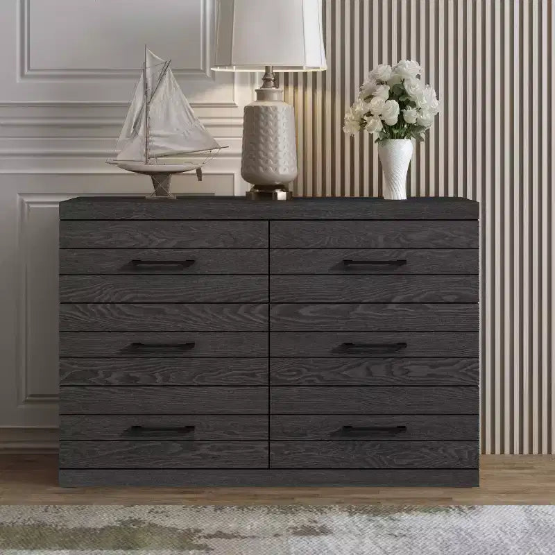 Galano Hamsper 6 Drawer Dresser (Interlock) - Dark Grey Oak