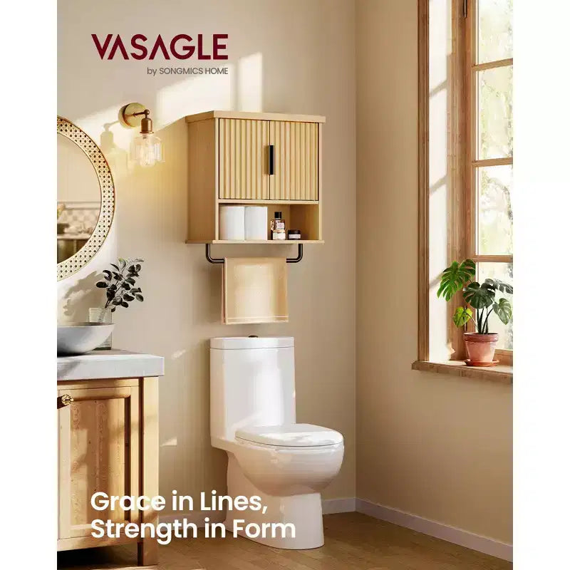 Meuble de salle de bain mural - Rangement WC avec portes cannelées, porte-serviettes, étagère réglable, 45 cm de large, beige chêne