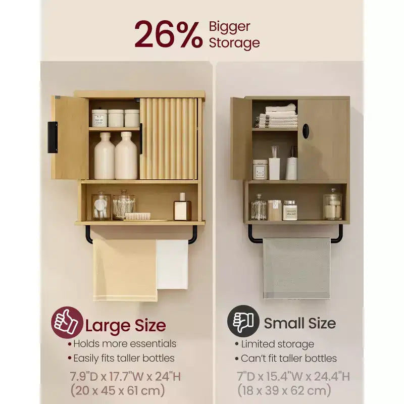 Meuble de salle de bain mural - Rangement WC avec portes cannelées, porte-serviettes, étagère réglable, 45 cm de large, beige chêne