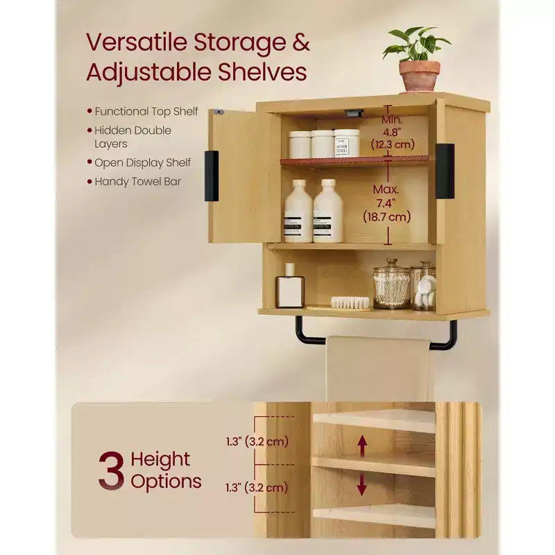 Meuble de salle de bain mural - Rangement WC avec portes cannelées, porte-serviettes, étagère réglable, 45 cm de large, beige chêne