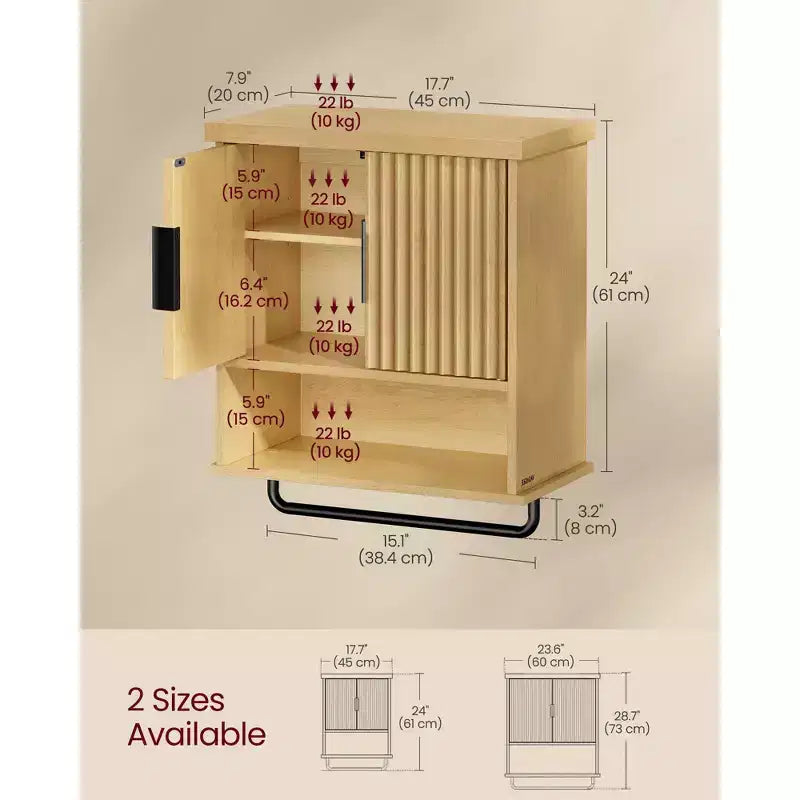 Meuble de salle de bain mural - Rangement WC avec portes cannelées, porte-serviettes, étagère réglable, 45 cm de large, beige chêne