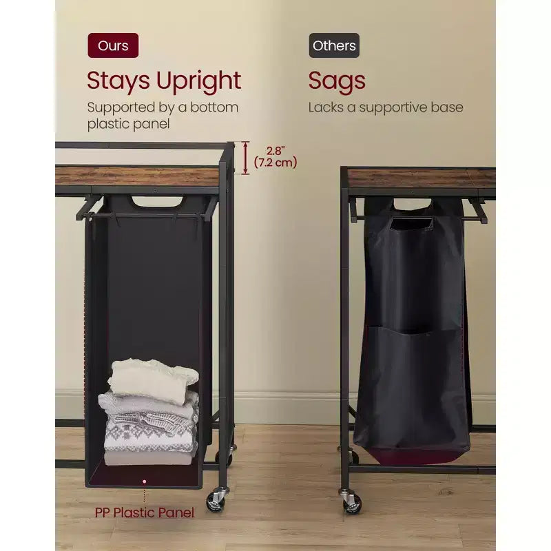 Chariot à linge avec 2 sacs amovibles, design coulissant, étagère supérieure et roulettes verrouillables