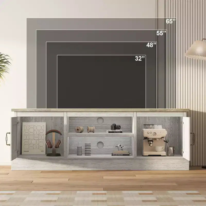 Meuble TV moderne pour téléviseurs jusqu'à 65'', meuble de divertissement en bois avec armoire de rangement, meuble console TV moderne pour salon et chambre