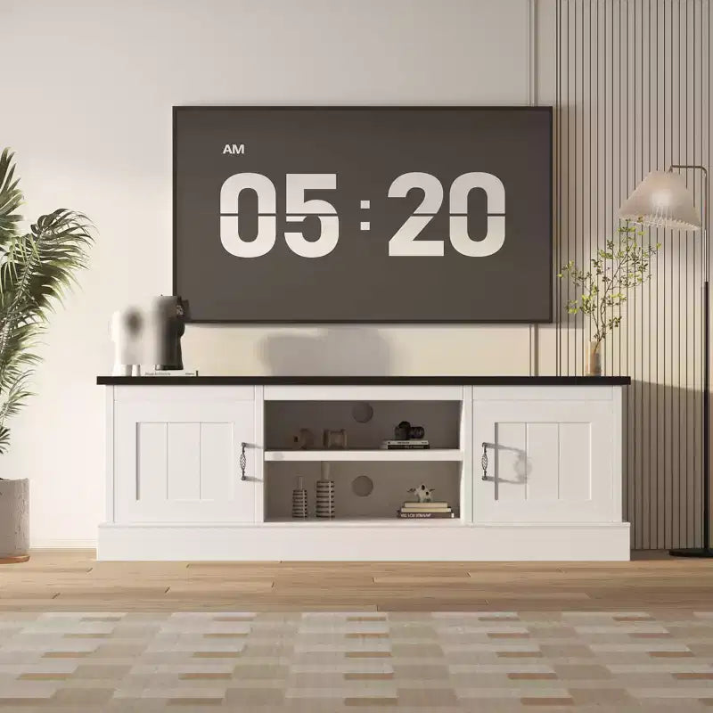 Meuble TV moderne pour téléviseurs jusqu'à 65'', meuble de divertissement en bois avec armoire de rangement, meuble console TV moderne pour salon et chambre