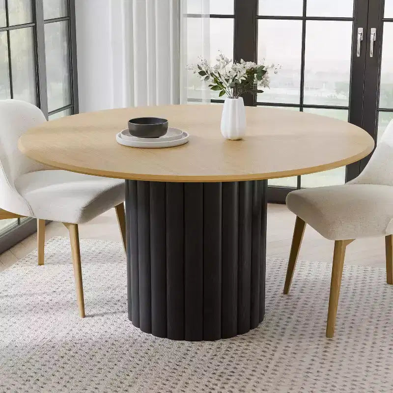 PexFix Table à manger ronde en bois de 132 cm pour 4-6 personnes avec plateau à bord incurvé et pied texturé pour salon/salle à manger/bureau, naturel