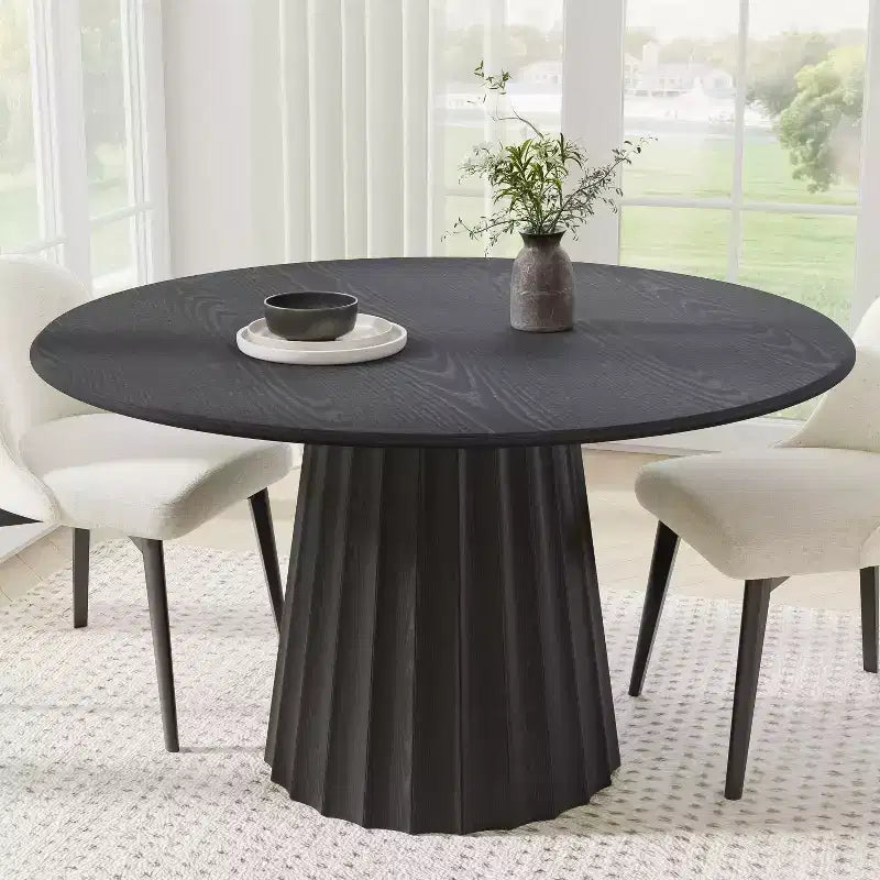 Table de salle à manger ronde PexFix 52 en bois, table de cuisine pour 4 à 6 personnes avec plateau à bord arqué et base conique cannelée pour salon/salle à manger, café, bureau, noire