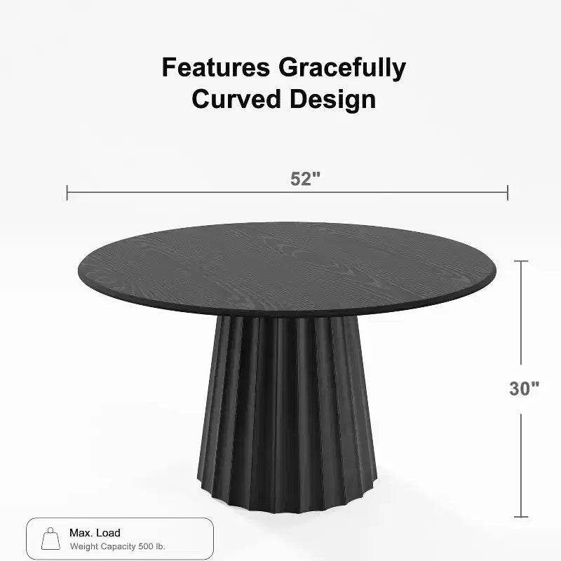 Table de salle à manger ronde PexFix 52 en bois, table de cuisine pour 4 à 6 personnes avec plateau à bord arqué et base conique cannelée pour salon/salle à manger, café, bureau, noire