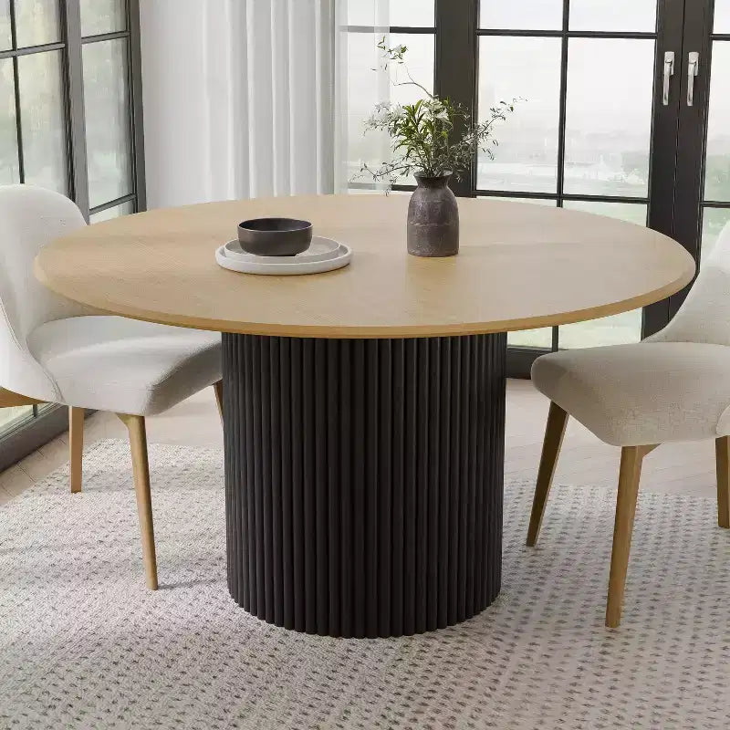 PexFix Table à manger ronde en bois de 52 po, Table de cuisine pour 4 à 6 personnes avec plateau à bord incurvé et pieds cylindriques concaves pour salon/salle à manger, café, bureau, couleur naturelle