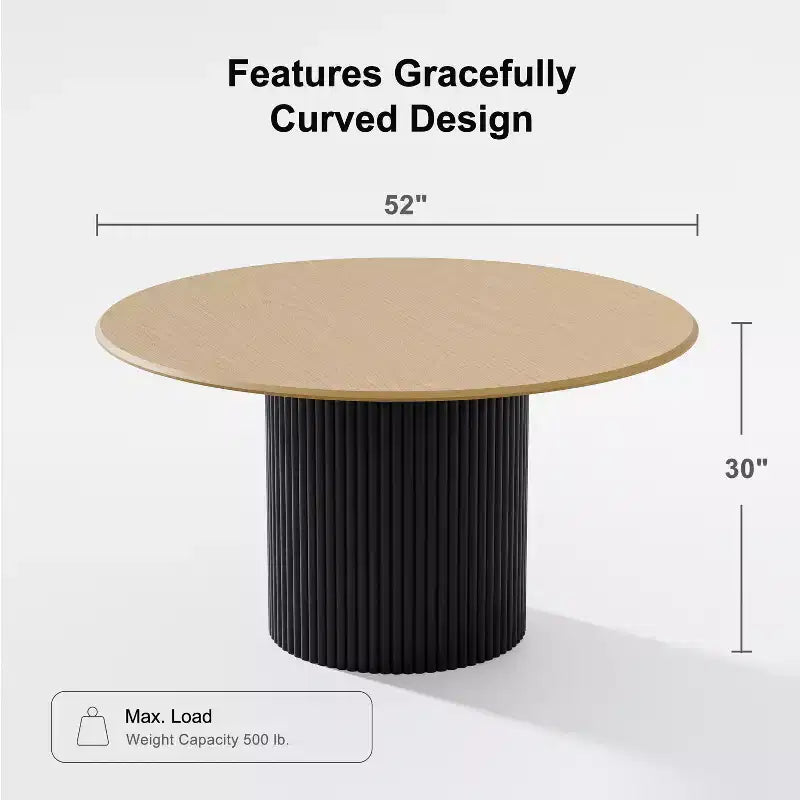 PexFix Table à manger ronde en bois de 52 po, Table de cuisine pour 4 à 6 personnes avec plateau à bord incurvé et pieds cylindriques concaves pour salon/salle à manger, café, bureau, couleur naturelle