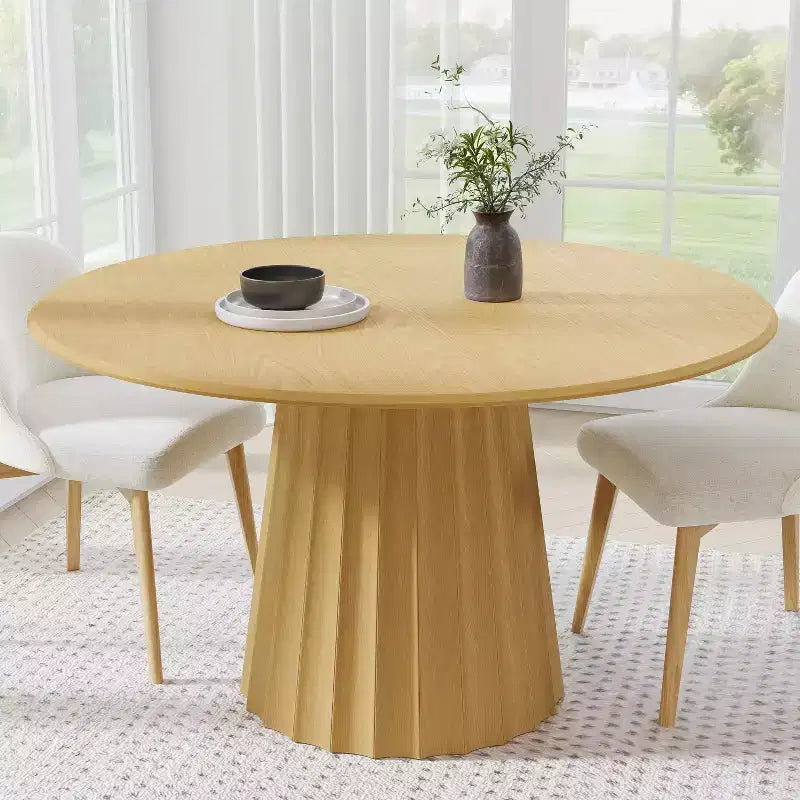 Table à manger ronde PexFix 52 en bois, table de cuisine pour 4-6 personnes avec plateau à bords incurvés et piètement cannelé effilé pour salon/salle à manger/café/bureau, couleur naturelle