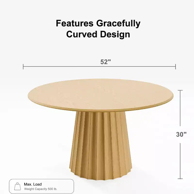 Table à manger ronde PexFix 52 en bois, table de cuisine pour 4-6 personnes avec plateau à bords incurvés et piètement cannelé effilé pour salon/salle à manger/café/bureau, couleur naturelle