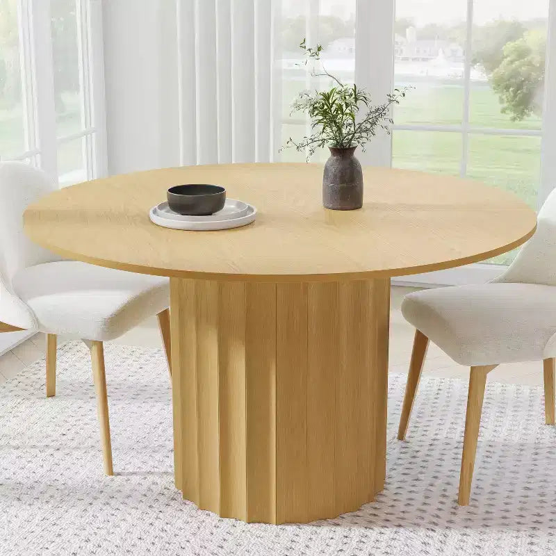 PexFix 52 Table à manger ronde en bois massif, table de cuisine pour 4 à 6 personnes avec plateau et base cylindrique cannelée pour salon/salle à manger, café, bureau, couleur naturelle